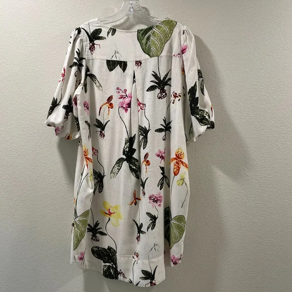 CYNTHIA ROWLEY NWT "Botanical" Sht Sleeve Linen Blend Mini Dress, Ivory/Multi L - Picture 3 of 12